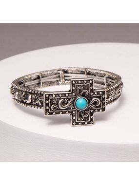 Filigree Western Turquoise Cross Stretch Bracelet OS